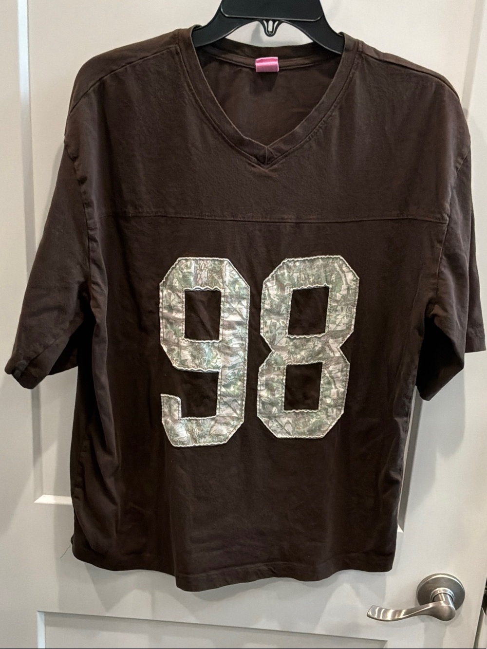 Digital Darling Medium Women's Brown V-Neck Jersey with Iridescent '98' Detail